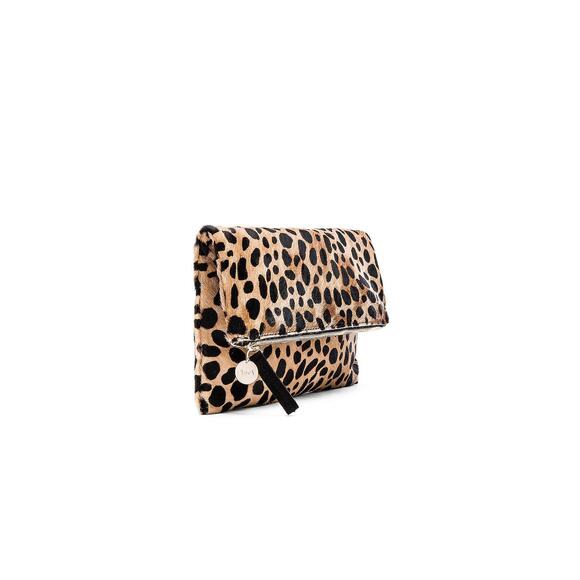 CLARE V. Foldover Calf Hair Clutch Leopard Print Linen Lined Gold Top Zip - Picture 8 of 9